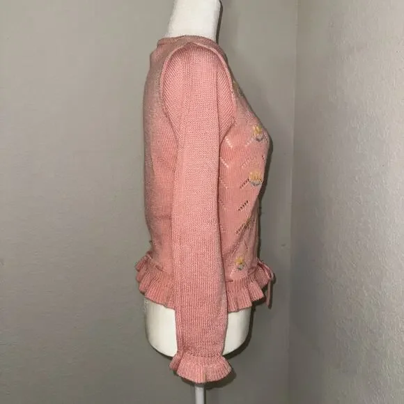 VTG Berries Sweater Women's Large Pink Floral Embroidered Acrylic Peplum Hem - Picture 3 of 10